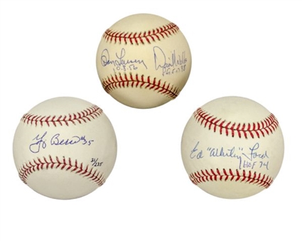 Yankees Legends Autographed Lot of (3) Baseballs: Yogi Berra (w/#35 Inscription), Whitey Ford, & Perfect Game Ball Signed By Larsen & Wells